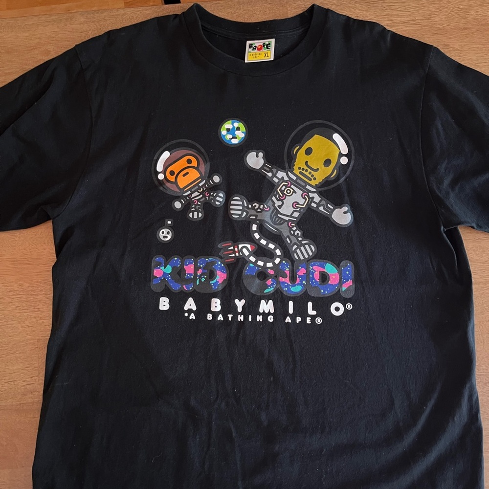 Bape Black Baby Milo Space Graphic Tee with Yellow and Orange Accents